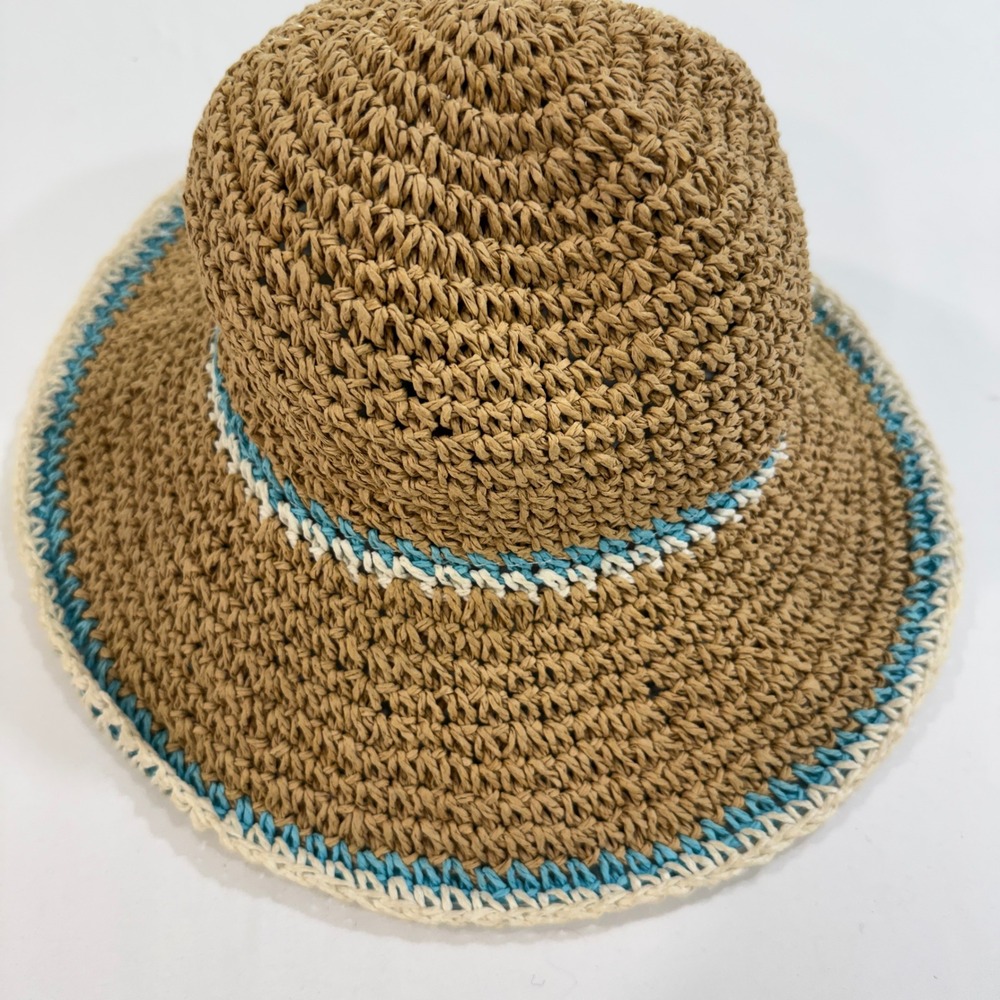 Kathy Jeanne Sun Hat Toyo Straw Crochet Turquoise Trim Women Size M Tan Hat